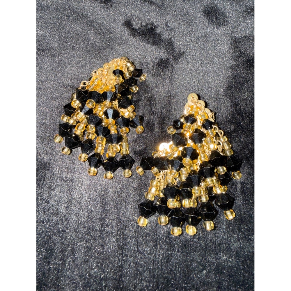 Vintage Black and Amber Beaded Chandelier Clip On Earrings Gold Tone Fringe